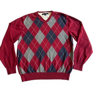 Tommy Hilfiger Sweater Mens Large Red Argyle V Neck Cotton Pullover Diamond